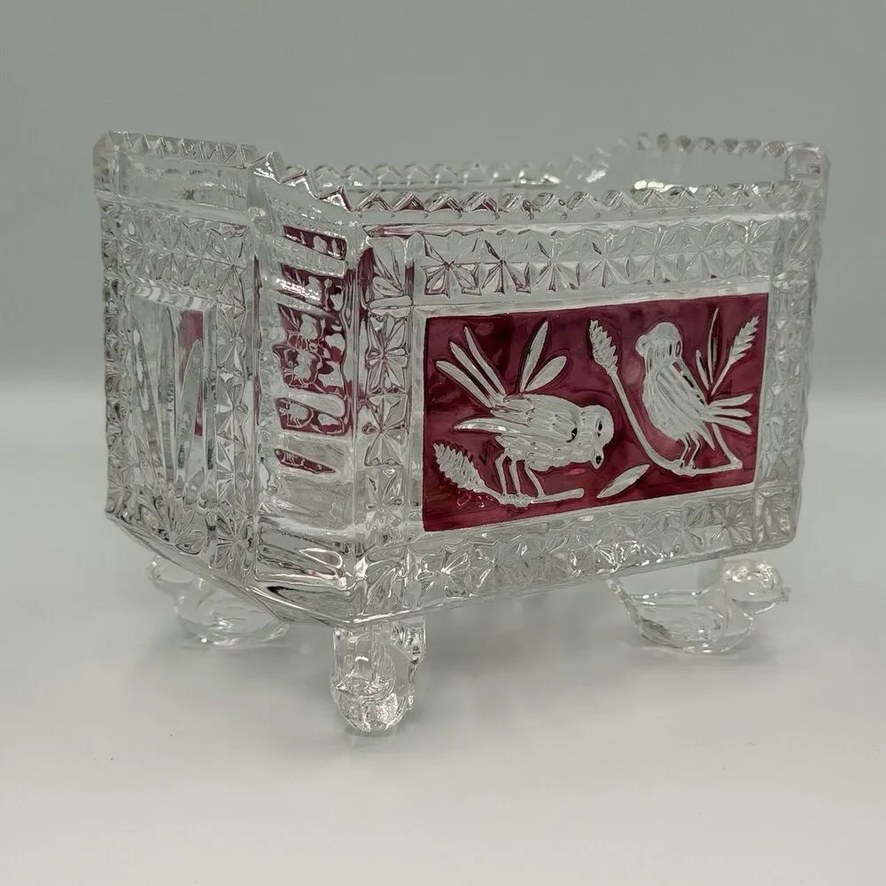 Hofbauer Byrdes Ruby Red Bird 4-Footed Bowl Trinket Candy Dish 24% Lead Crystal
